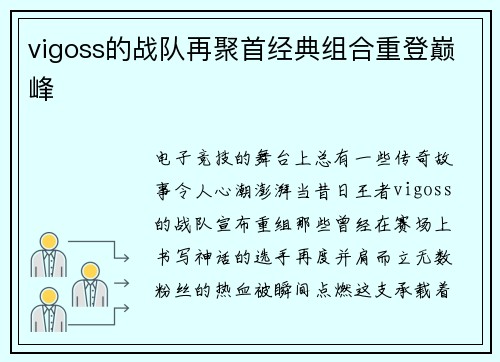 vigoss的战队再聚首经典组合重登巅峰
