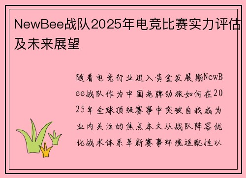 NewBee战队2025年电竞比赛实力评估及未来展望