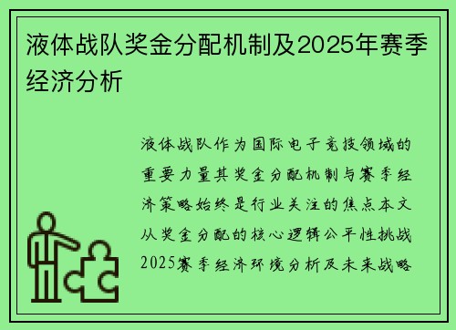 液体战队奖金分配机制及2025年赛季经济分析