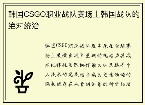韩国CSGO职业战队赛场上韩国战队的绝对统治