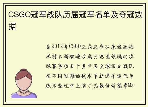 CSGO冠军战队历届冠军名单及夺冠数据