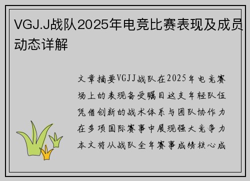 VGJ.J战队2025年电竞比赛表现及成员动态详解